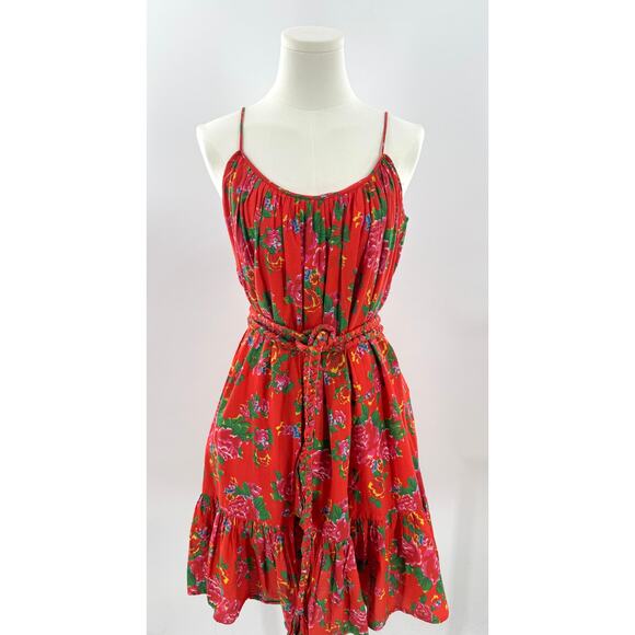 RHODE Dresses & Skirts - Rhode Red Lea Floral Sleeveless Dress Tie Waist Cotton Twirl Large Sundress L